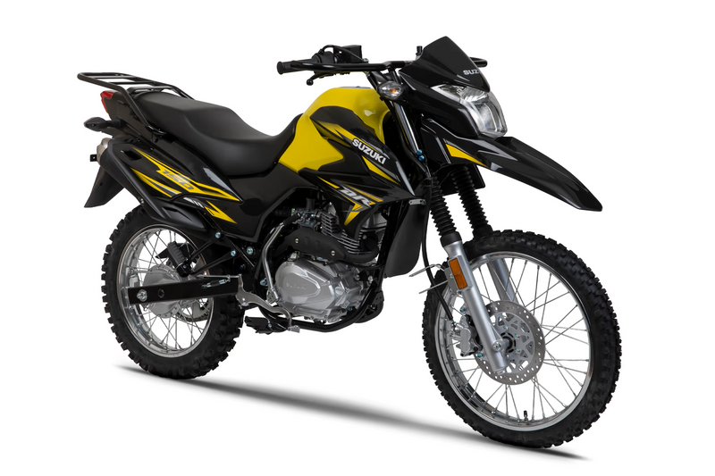 Load image into Gallery viewer, A 2026 Suzuki DR 150 motorcycle in black and yellow, photographed from a three-quarters front angle on a clean white background.
