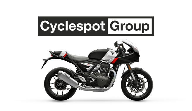 Load image into Gallery viewer, 2026 Triumph Thruxton 400 in Phantom Black/Aluminium Silver with Cyclespot Group logo above it on a white background