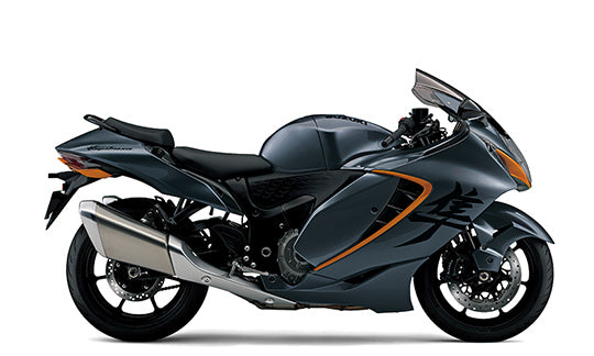 Load image into Gallery viewer, A 2026 Suzuki Hayabusa GSX 1300 RR in Grey with gold accents, shown in a side profile on a white background.