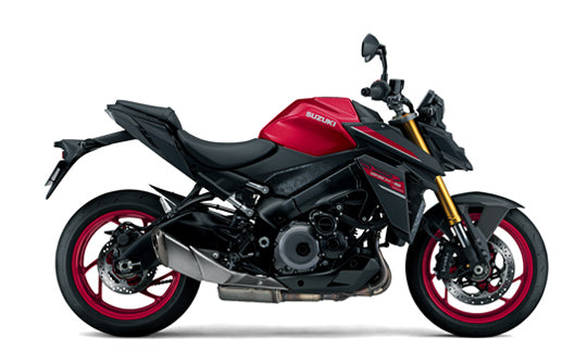 Load image into Gallery viewer, 2026 Suzuki GSX-S 1000 RQ motorcycle in Candy Daring Red in a side profile view, featuring a black body with a vibrant red fuel tank, red wheel rims, and gold front fork accents, set against a plain white background.