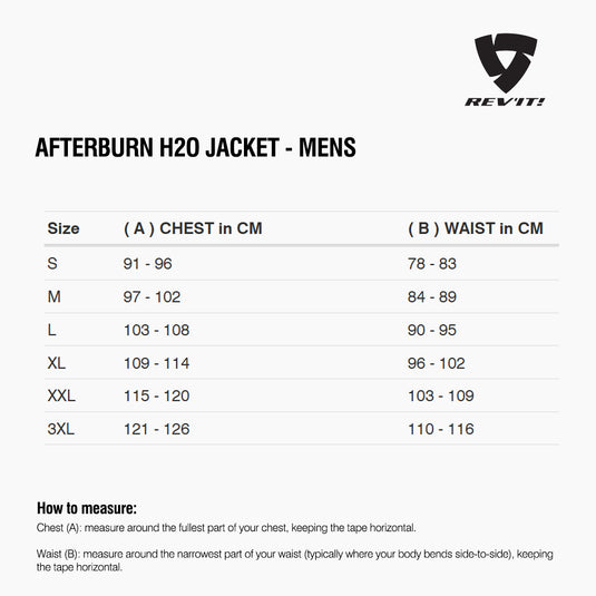 Size chart for REVIT Afterburn Jacket - Mens