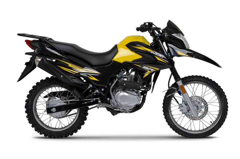 Load image into Gallery viewer, A Suzuki DR motorcycle with a black and yellow color scheme, featuring knobby off-road tires, a high windscreen, and a black seat, shown from a side profile on a white background.
