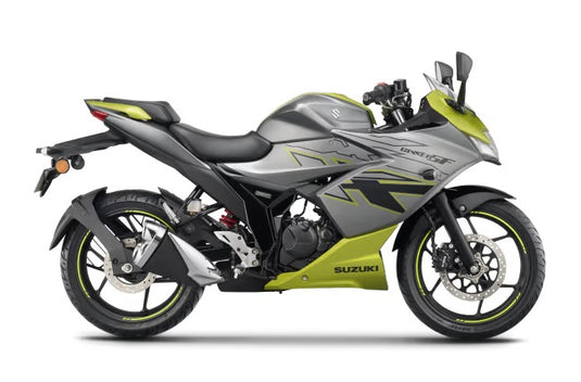 Grey/Green 2025 Suzuki GSX 150 F LAMS Faired motorcycle in metallic gray and lime green, shown from a side profile view against a plain white background.