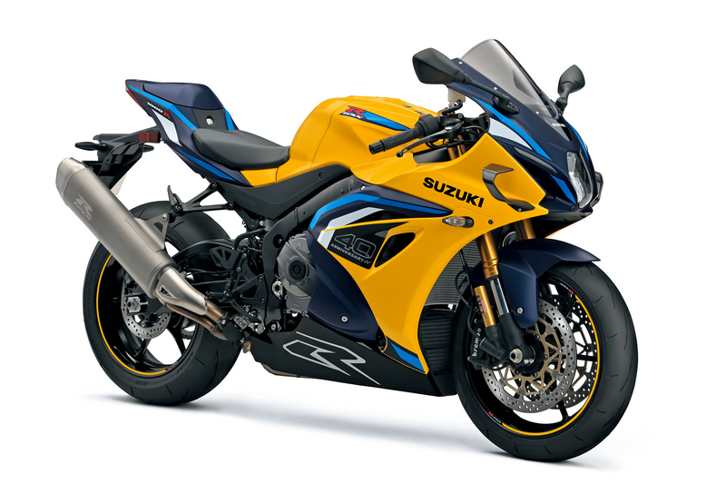 Load image into Gallery viewer, A 2026 Suzuki GSX-R 1000 RW 40th Anniversary sport motorcycle in a vibrant yellow and navy blue livery, photographed from a three-quarters front angle on a clean white background.
