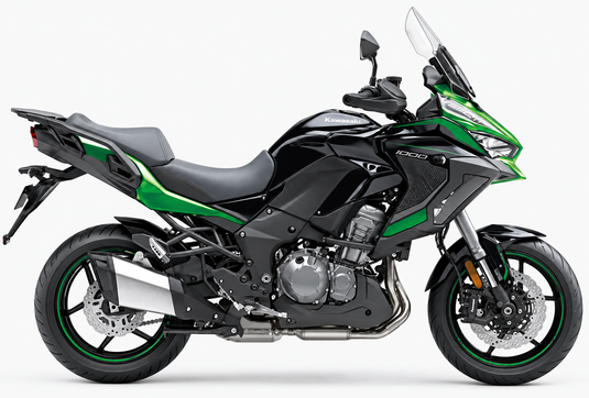 A black and green 2024 Kawasaki Versys 1000 S motorcycle with a clear windshield, photographed from the side against a plain white background.