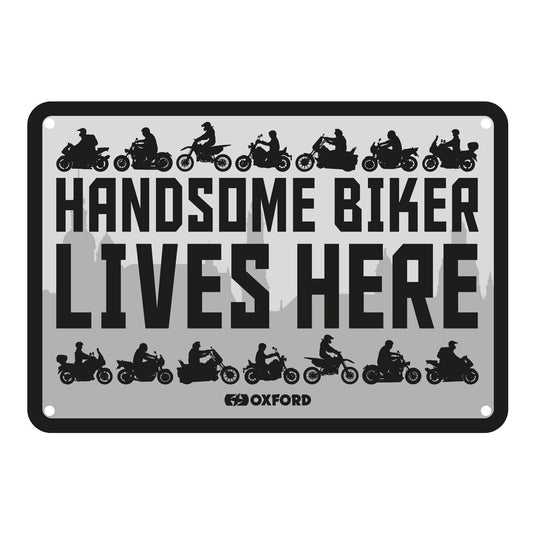 Oxford Garage Metal Sign: Handsome Biker Lives Here