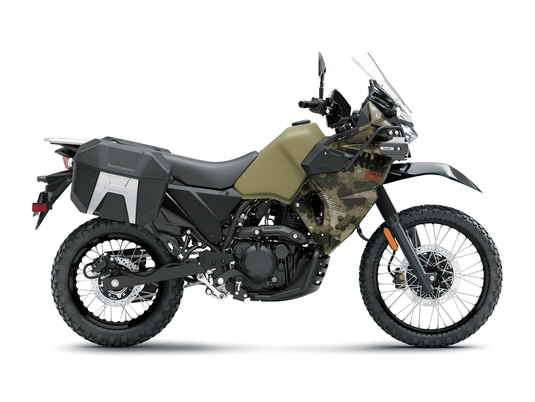 A 2026 Kawasaki KLR650 Adventure (LAMS) motorcycle in a matte olive green and black camouflage pattern, shown from a side profile on a white background.