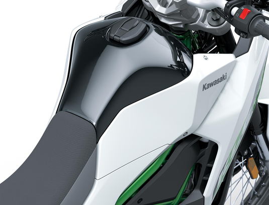 Close-up of a 2026 Kawasaki KLE500 SE (LAMS) motorcycle with a white and black color scheme.