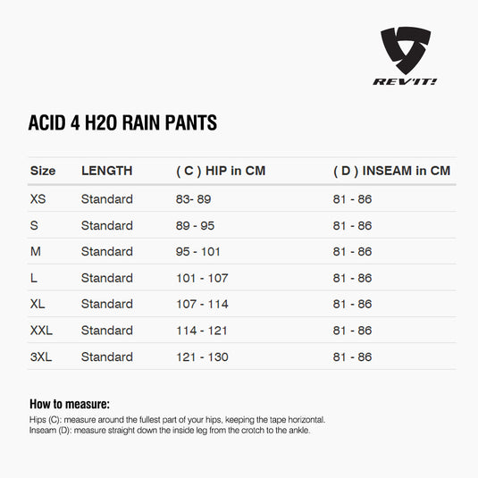 Size chart for REVIT Acid 4 H2O Rain Pants