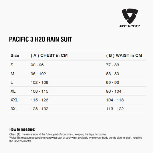 Size chart for REVIT Pacific 3 H2O Rainsuit