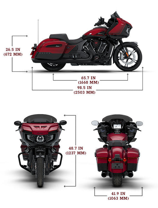 A red and black 2026 Indian Challenger 125th Anniversary motorcycle shown on a white background with dimension callouts for side, front, and rear views, including measurements in inches and millimeters.
