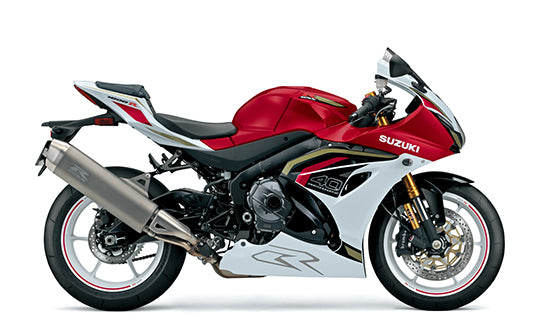 Load image into Gallery viewer, 2027 Suzuki GSX-R 1000 R supersport motorcycle in red, white, and black with gold accents, shown from a side profile on a white background.
