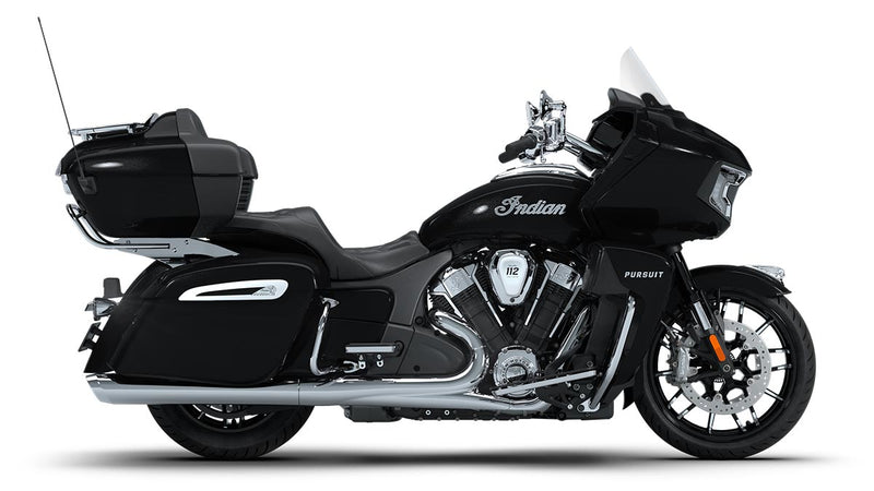 Load image into Gallery viewer, A black 2026 Indian Roadmaster Limited touring motorcycle with chrome accents, side storage cases, and a windshield, shown in a side profile on a white background.
