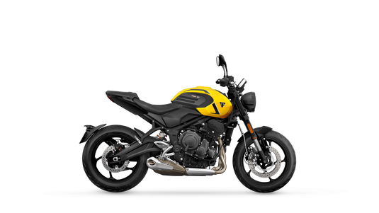 A side profile view of a 2026 Triumph Trident 660 LAMS motorcycle with a bright yellow fuel tank, black body panels, and a silver engine and exhaust system, set against a solid white background.